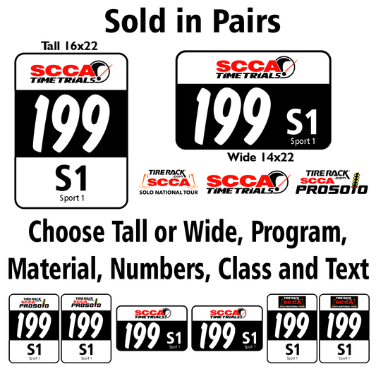 SCCA Time Trials, ProSolo or National Tour Number Placard (Pair)