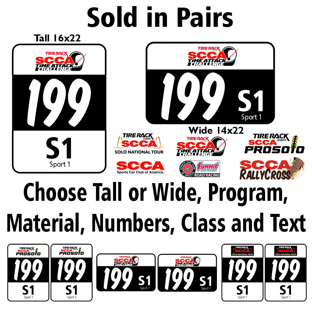 SCCA Time Attack Challenge, Club Racing, ProSolo, RallyCross, SCCA Block or National Tour Number Placard (Pair)