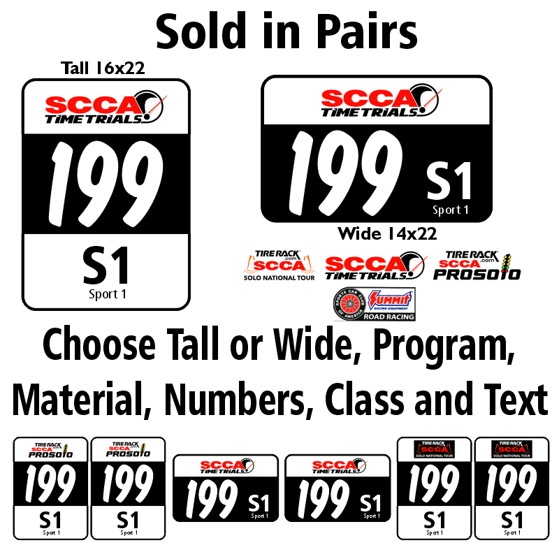 SCCA Time Trials, ProSolo or National Tour Number Placard (Pair)