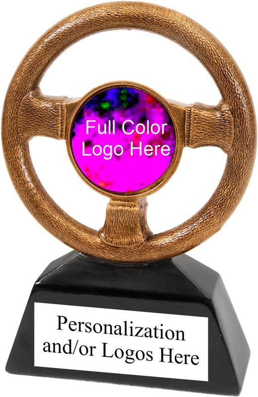 Resin Steering Wheel Design Trophy with Personalization, available in 7" or 10" sizes